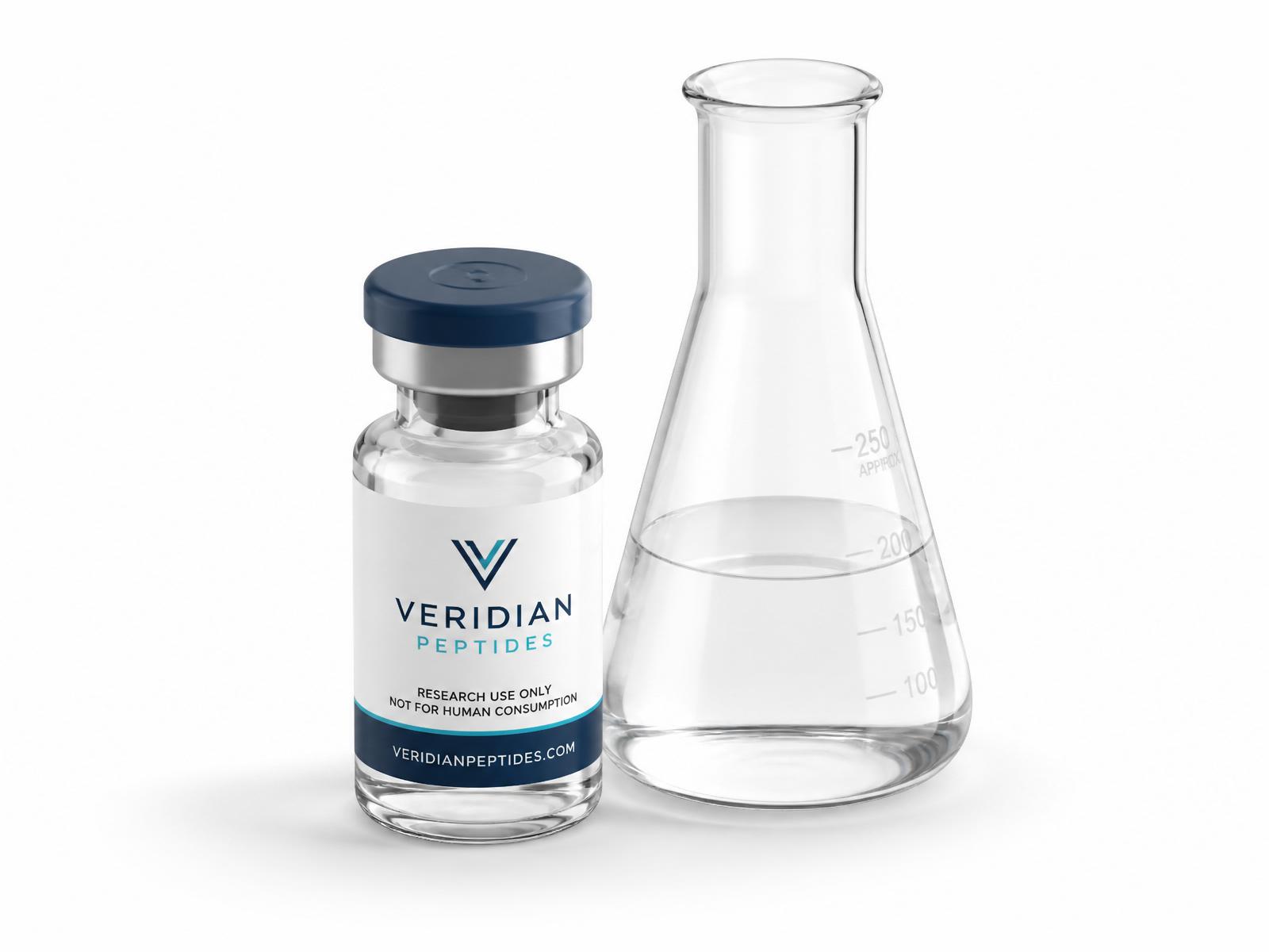 Veridian vial next to a laboratory flask
